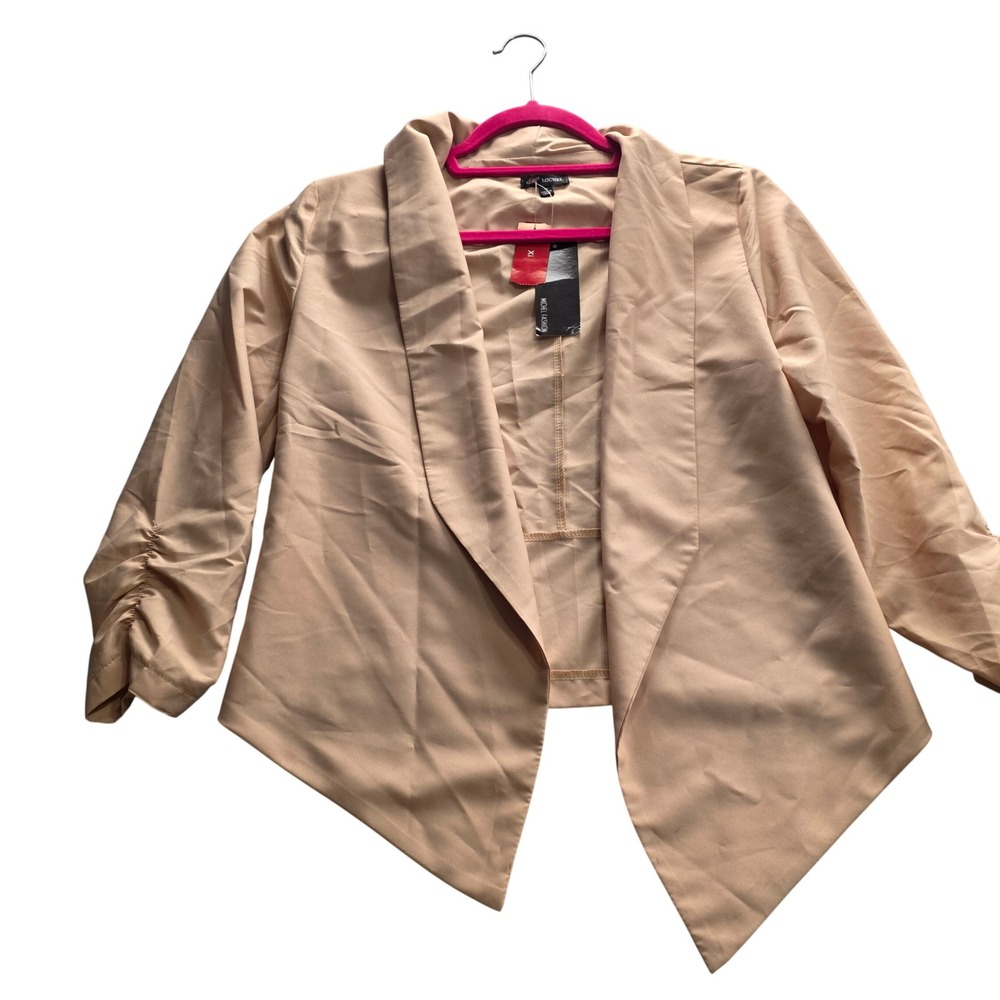 Michel Fashion Womens Tan Open Front Ruched Sleeve Asymmetric Blazer 7037 M - Picture 1 of 9